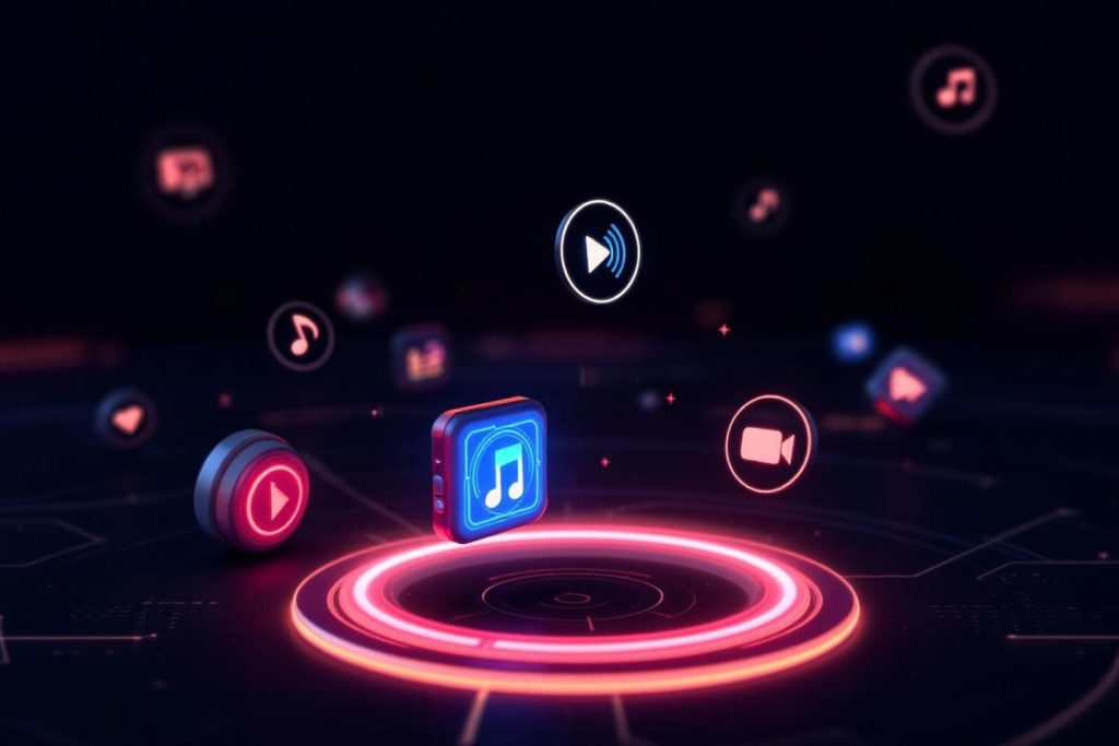 Icônes de média numériques flottant sur un cercle lumineux