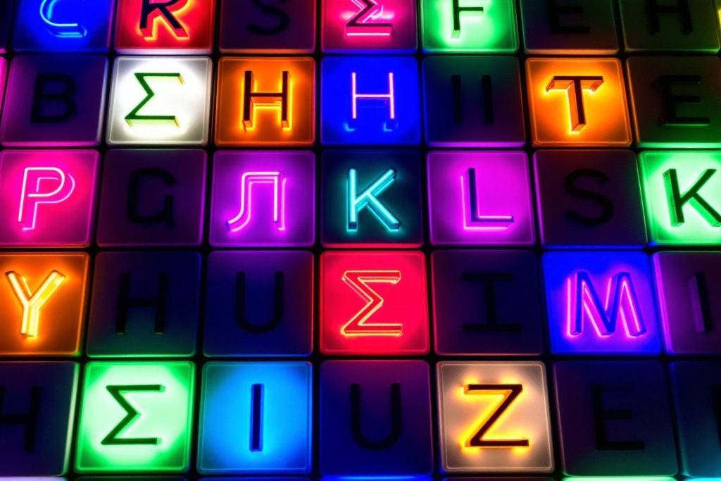 Carré de touches lumineuses multicolores avec différentes lettres alphabétiques