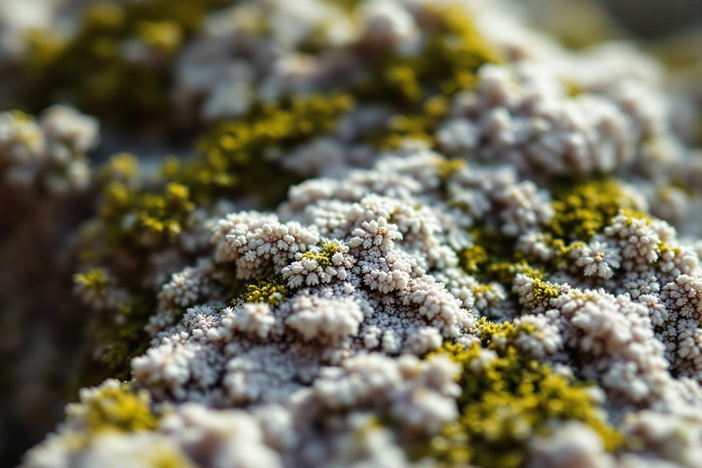 Gros plan de lichen blanc texturé avec touches de mousse jaune