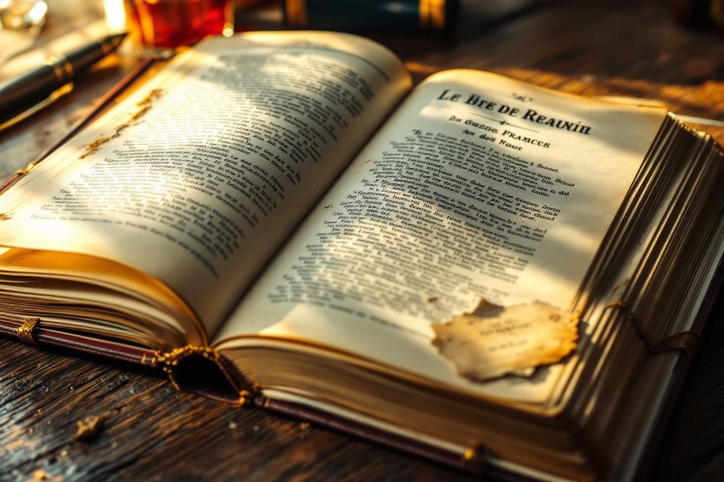 Vieux livre français aux pages jaunies sur bois rustique