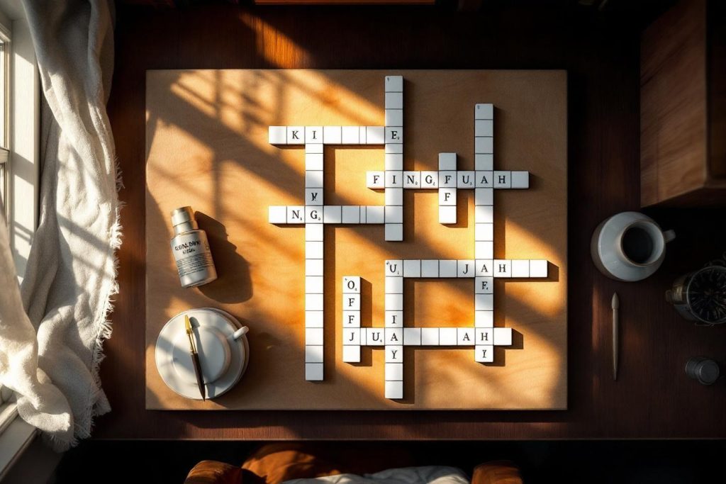 Plateau de mots croisés éclairé par la lumière du matin