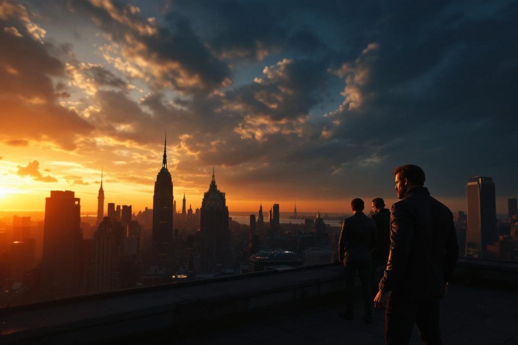 Silhouettes observant le coucher de soleil sur Manhattan