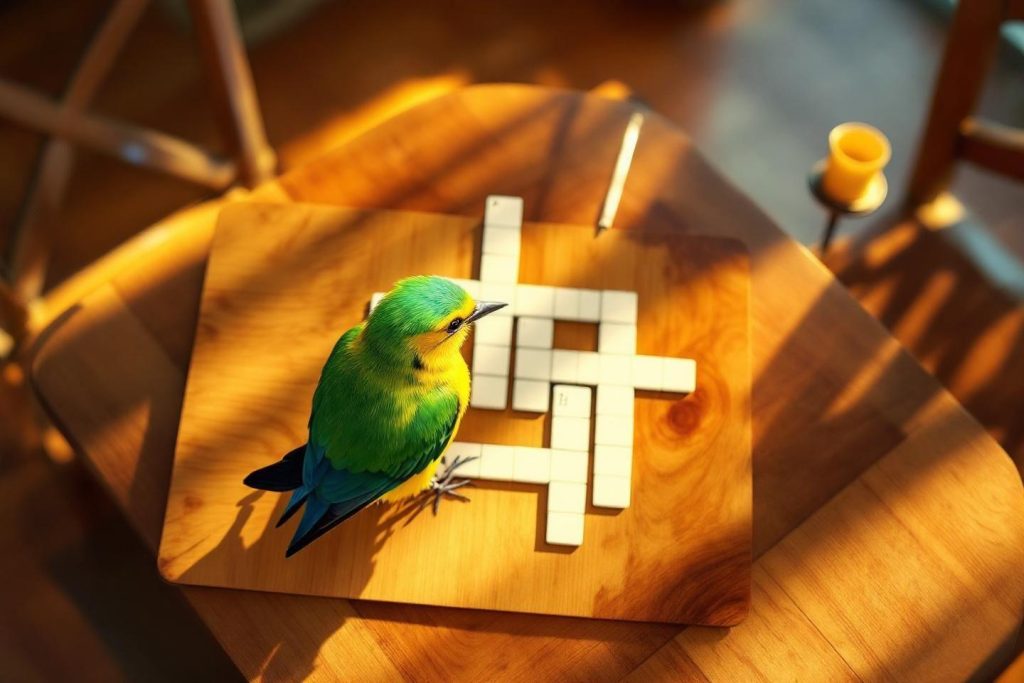 Petit oiseau vert et jaune près d'une grille de mots croisés