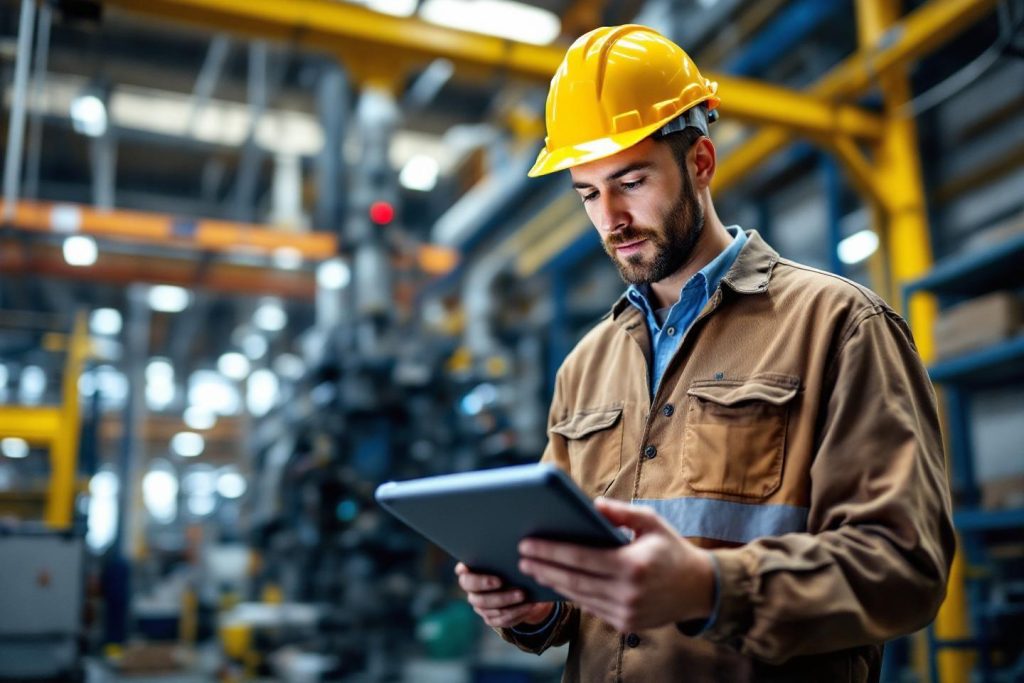 Travailleur portant un casque jaune consultant une tablette en usine