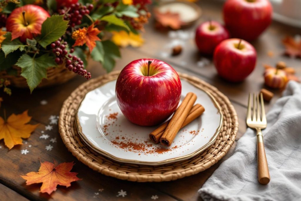 Pomme rouge, cannelle et feuilles d'automne sur une table rustique