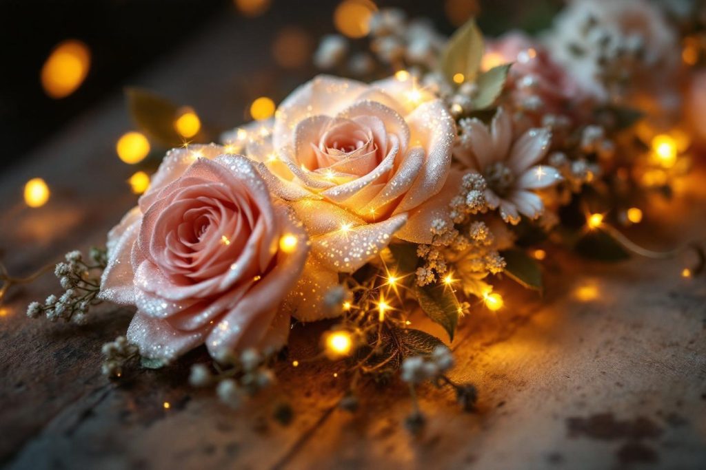 Roses délicates avec rosée et lumières étincelantes sur bois