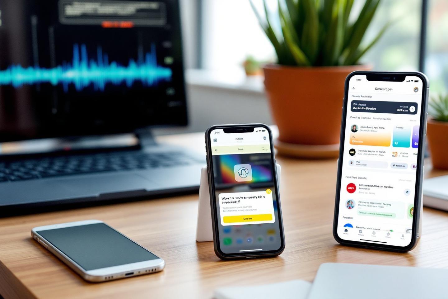 Trois smartphones près d'un écran avec graphiques et applications