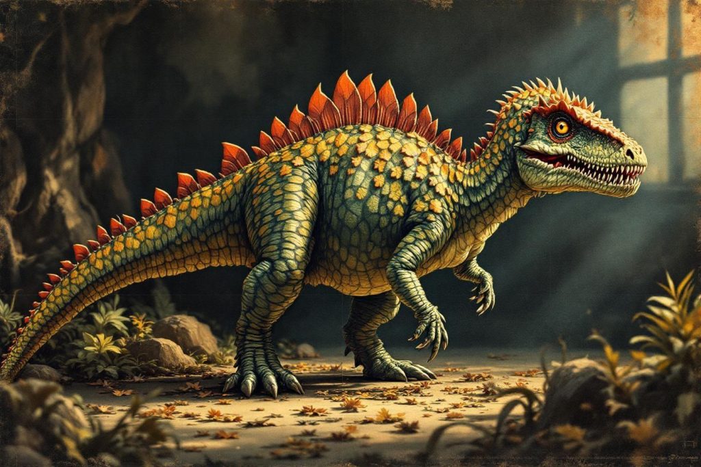 Dinosaure vert et orange avec des piques dans un décor mystérieux
