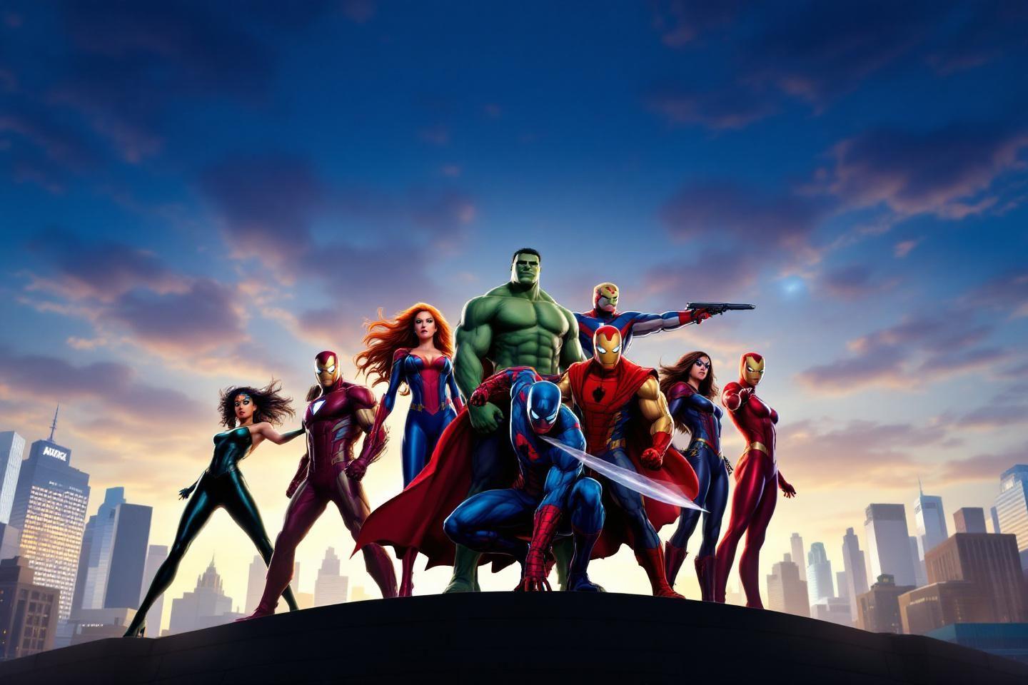 Groupe de super-héros Marvel posant ensemble sur un paysage urbain