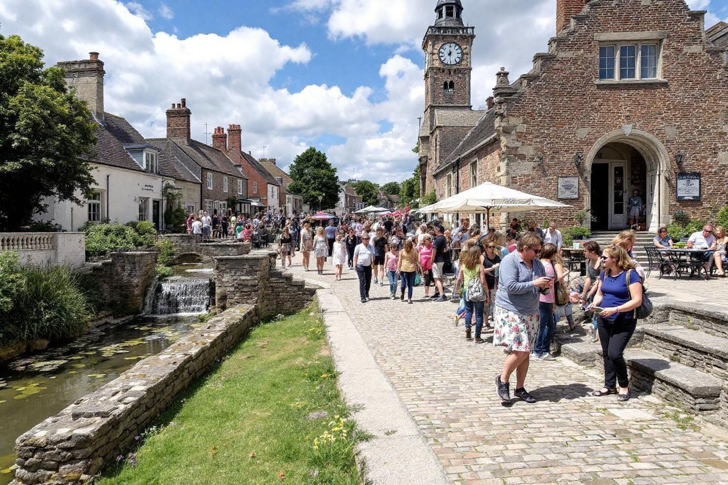 Rue pavée avec canal, personnes et bâtiments historiques