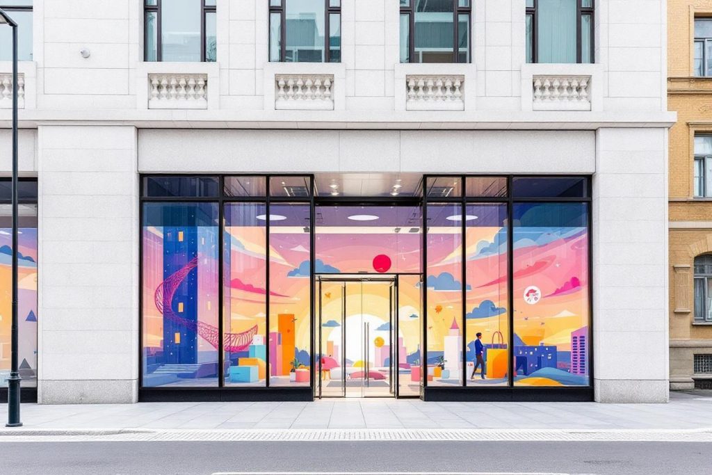 Façade de bâtiment avec vitrines illustrées de paysage urbain stylisé