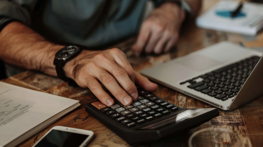 Une personne utilise une calculatrice sur un bureau en bois, avec un ordinateur portable, un smartphone et des papiers à proximité.