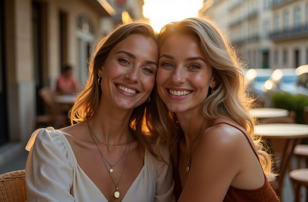 Deux femmes heureuses côte à côte, lumière dorée