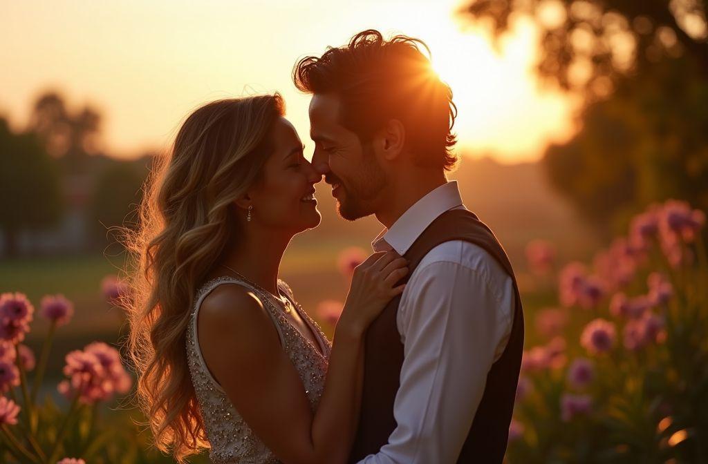 Couple amoureux dans un champ fleuri, lumière dorée