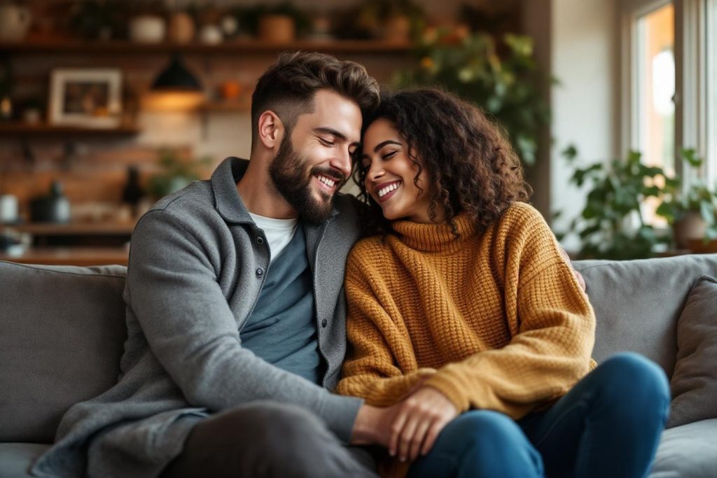 Deux personnes heureuses enlacées sur un canapé confortable