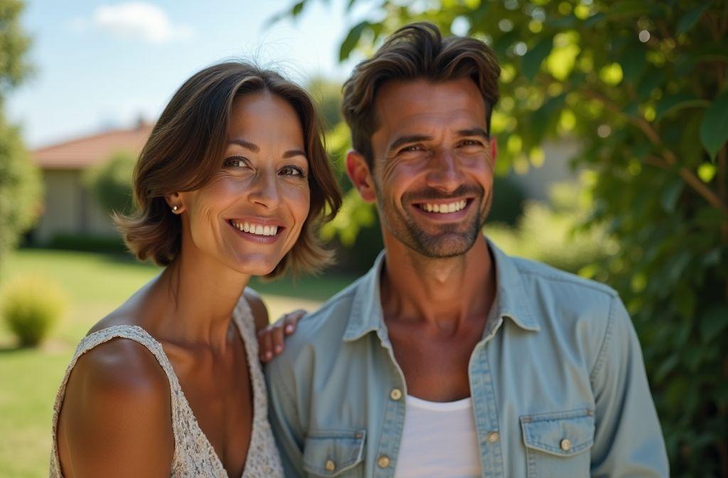 Deux personnes heureuses posant ensemble par une journée ensoleillée