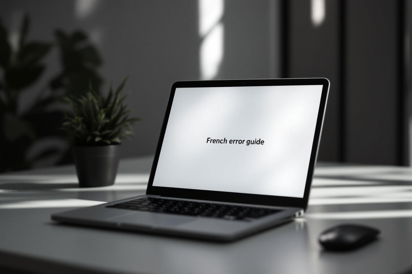 Ordinateur portable avec texte 'French error guide' sur fond gris