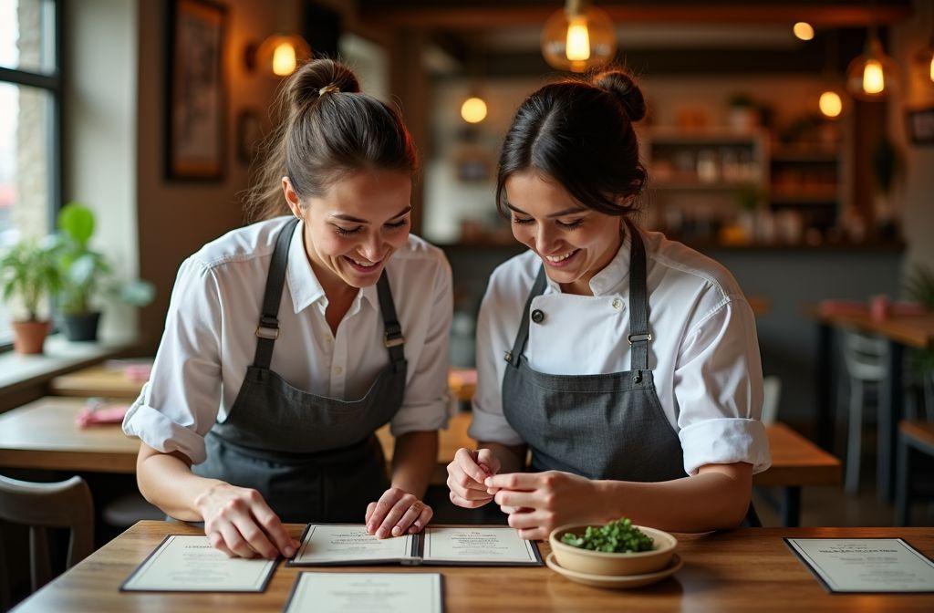 Deux chefs souriants travaillant ensemble derrière un comptoir