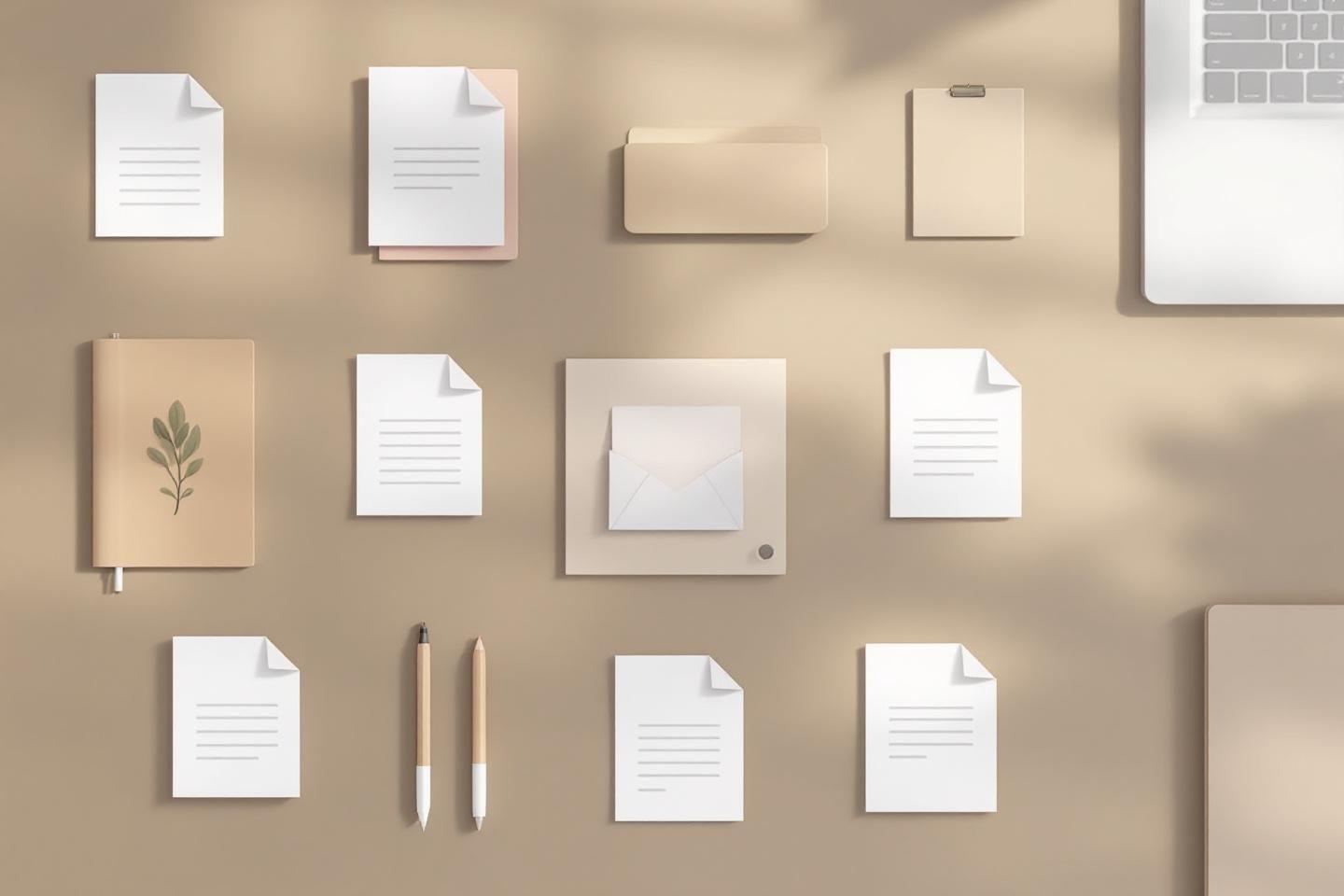 Vue de dessus d'objets de bureau minimalistes beiges et blancs