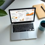 Ordinateur portable avec graphiques, tasse à café et plante verte