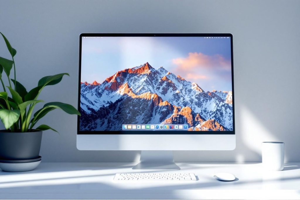 Ordinateur de bureau avec écran de montagne et plante verte