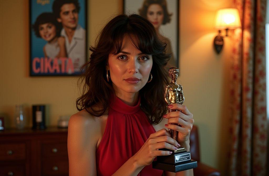 Actrice avec statue, affiche rétro en arrière-plan