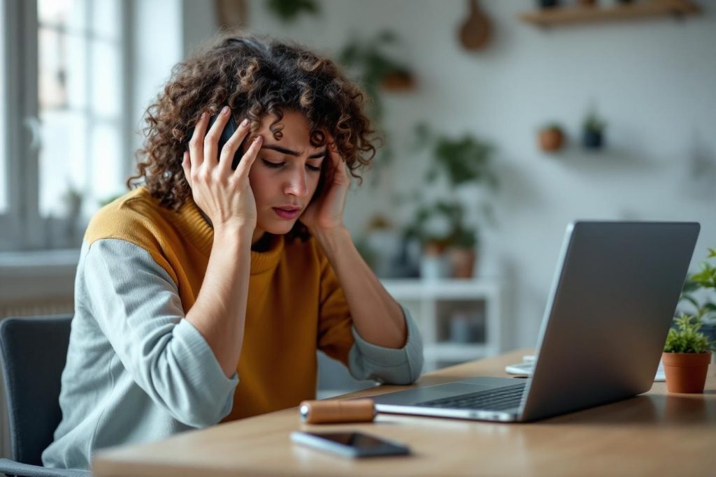 Femme stressée avec des boucles, tenant sa tête près d'un ordinateur portable