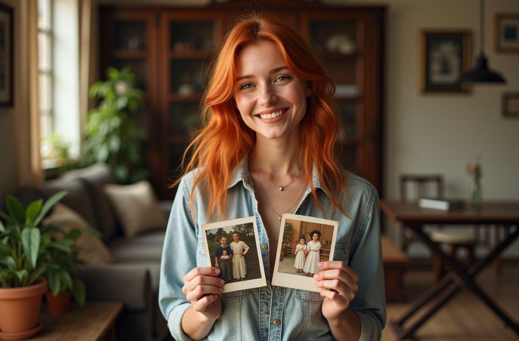 Jeune femme rousse tenant deux anciennes photographies de famille