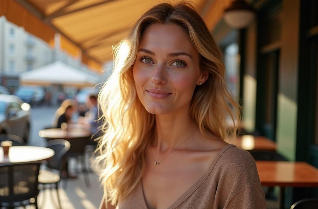 Portrait d'une femme blonde dans un café ensoleillé