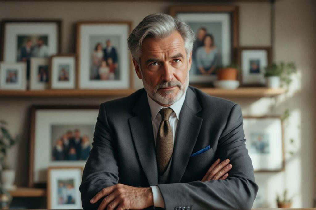 Homme âgé en costume gris avec des cadres photo derrière