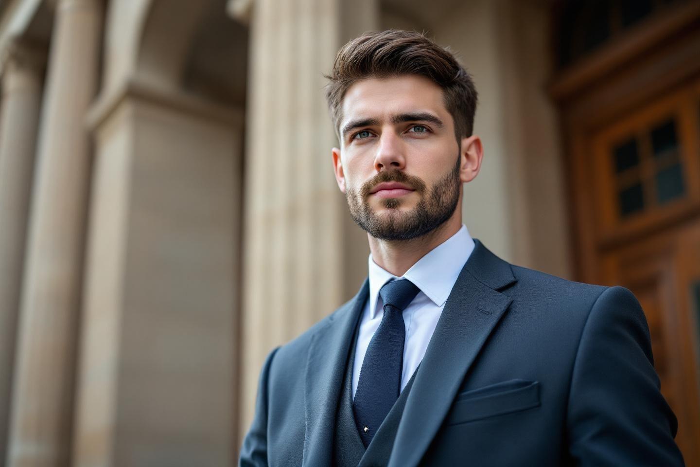 Portrait professionnel d'un homme en costume sombre devant un bâtiment