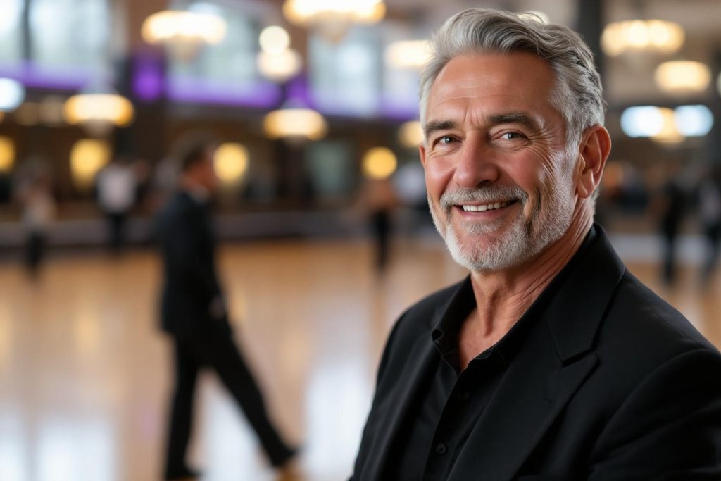 Homme senior souriant en costume noir dans un environnement professionnel