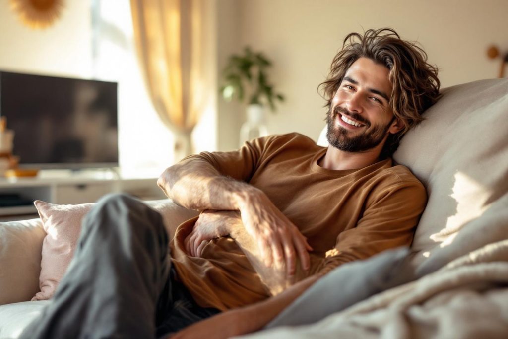 Un homme décontracté et heureux, assis sur un canapé lumineux