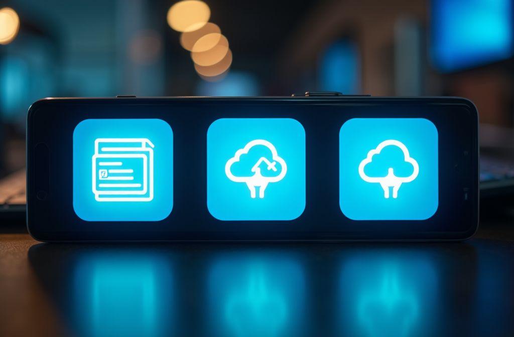 Trois ic&ocirc;nes bleues repr&eacute;sentant des services cloud et de documents