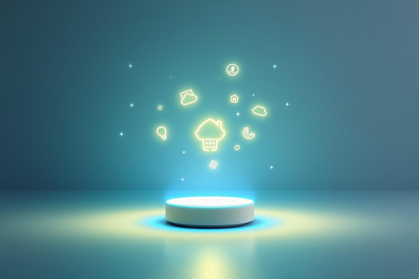 Plateforme cylindrique bleue avec des symboles lumineux en suspension