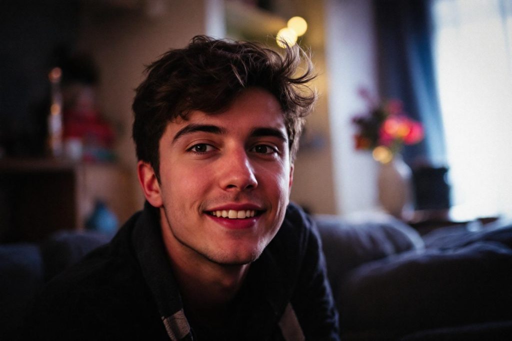 Portrait chaleureux d'un jeune homme souriant, éclairage tamisé