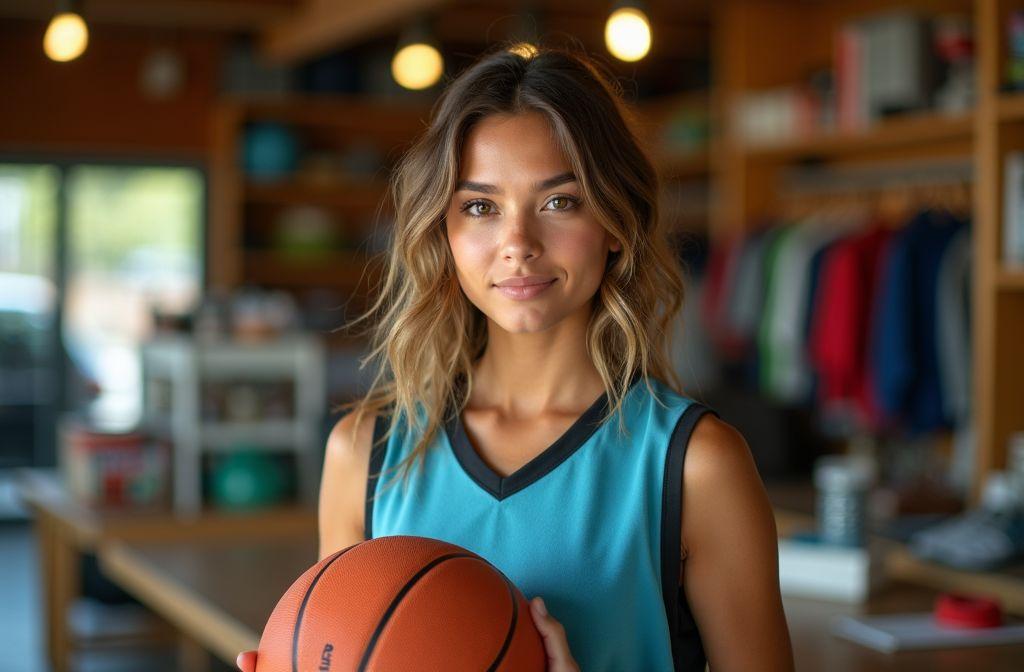 Femme en maillot bleu tenant un ballon de basket