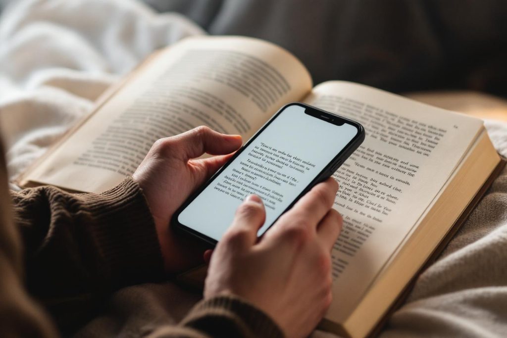Smartphone tenu près d'un livre ouvert sur un tissu confortable