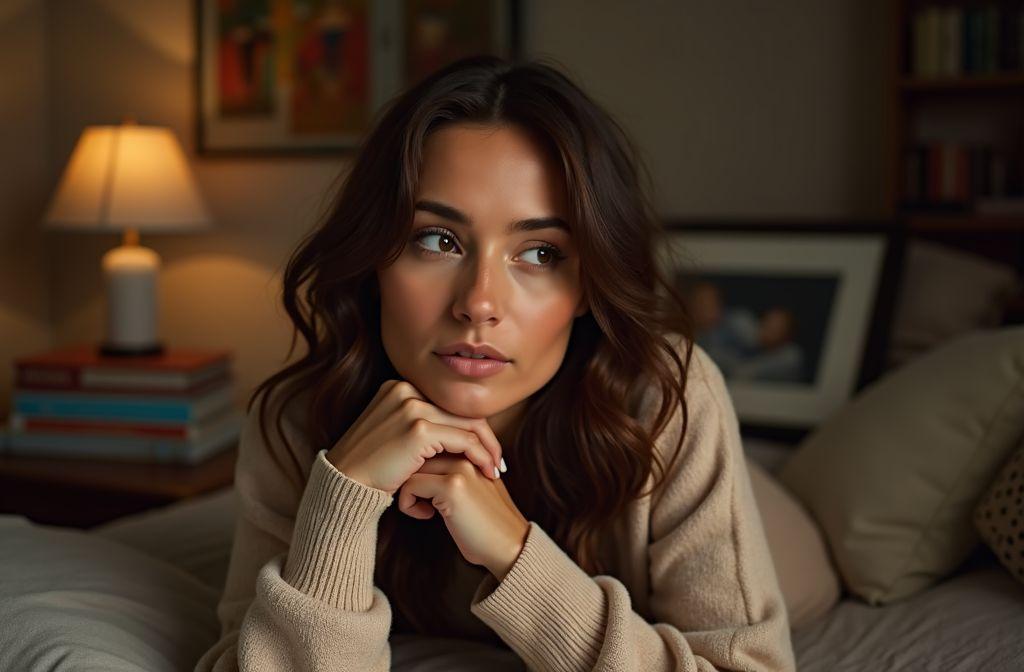 Femme pensive dans un pull beige, éclairée par une lampe tamisée