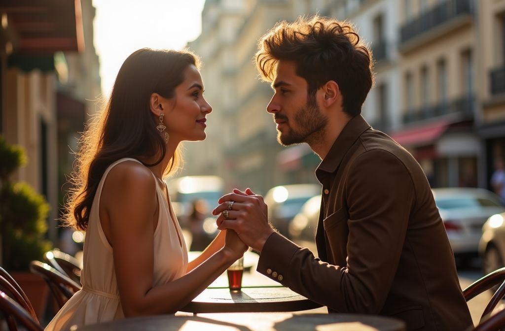 Couple enlacé, café en terrasse, lumière dorée