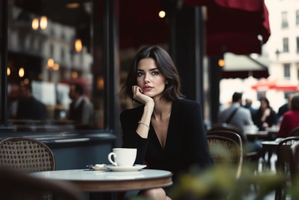 Femme élégante assise à une terrasse de café, pensive