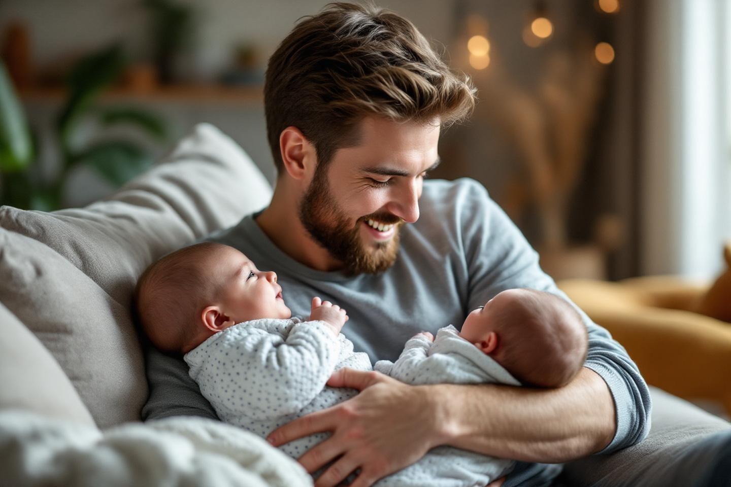 Jeune papa heureux tenant ses deux nouveau-nés sur un canapé