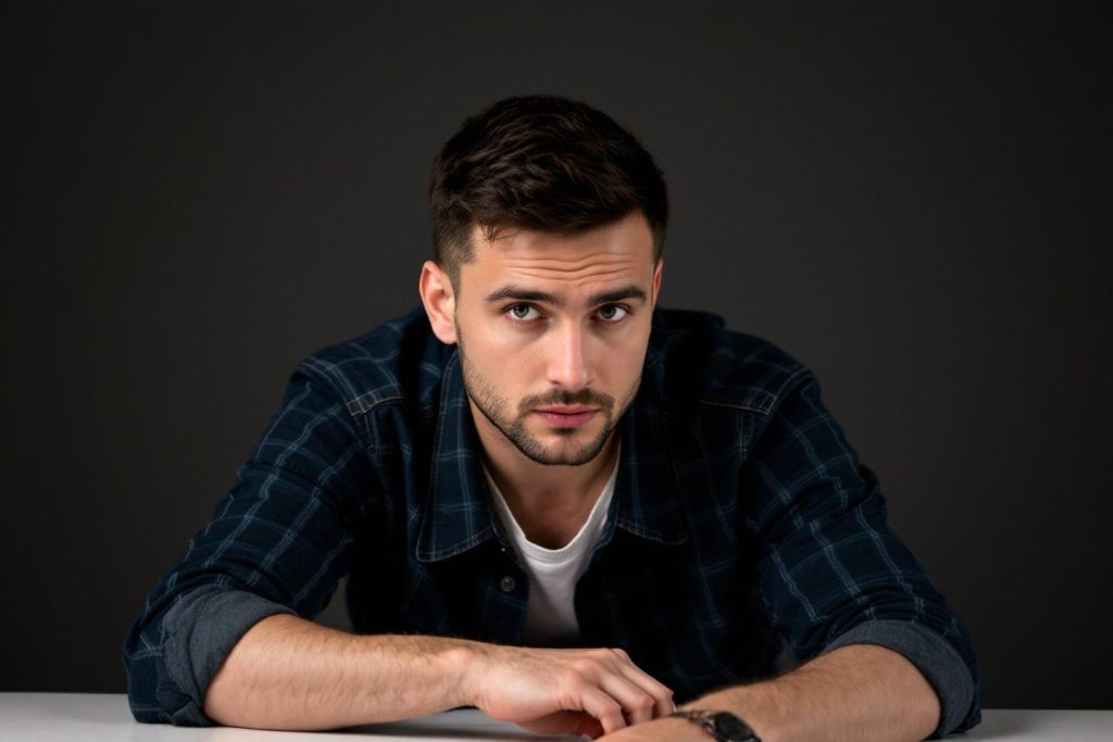 Homme en chemise à carreaux pensif sur fond gris