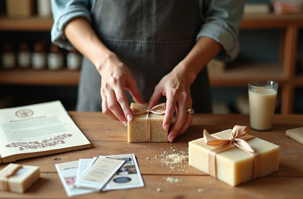 Mains attachant un ruban sur un savon fait main
