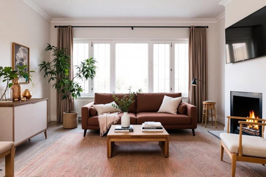 Intérieur confortable avec canapé brun, plantes et feu de cheminée