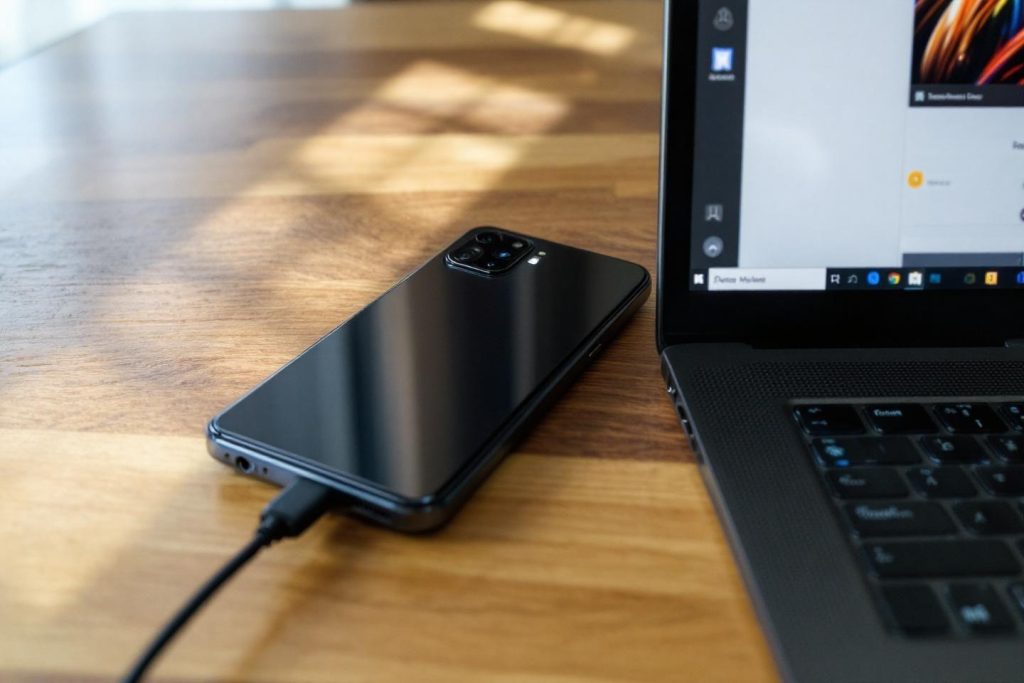 Smartphone noir branché près d'un ordinateur portable sur une table en bois