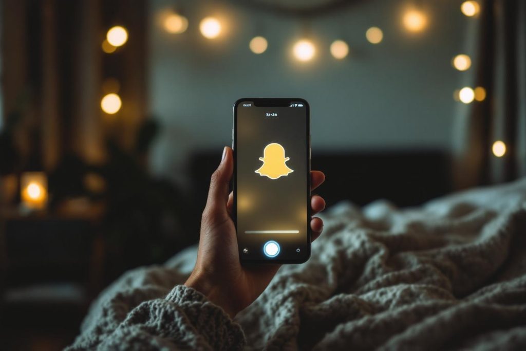 Écran de téléphone affichant le logo Snapchat sur un fond cosy
