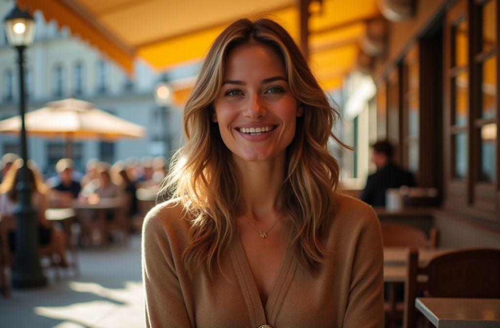 Femme souriante dans un café, lumière douce et chaleureuse