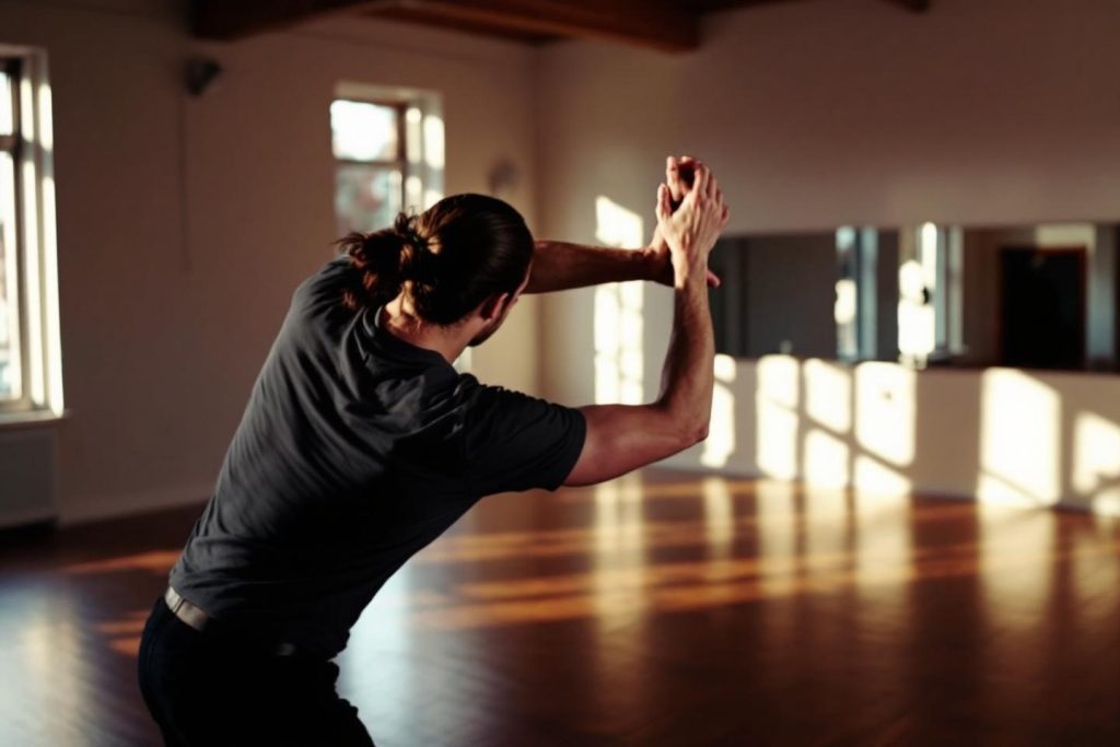 Une personne s'étire, dos tourné, dans une salle avec lumière douce