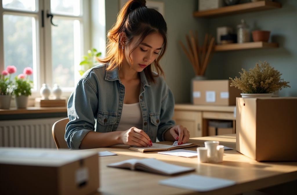 Jeune femme concentrée écrivant à table près d'une fenêtre